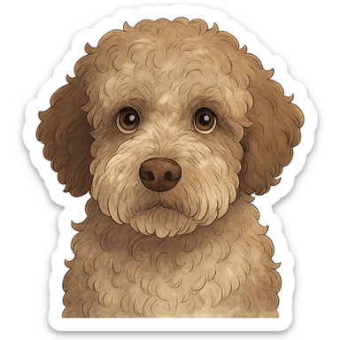 close-up portrait of Lagotto Romagnolo dog, fluffy roan fur, expressive eyes, ghibli style sticker