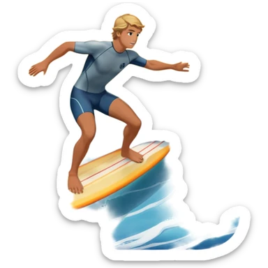 A surfer riding a large wave, skillfully balancing on their board as the ocean crashes around them. The scene captures the energy and excitement of surfing, with the sun setting in the background and the water sparkling under the light. sticker