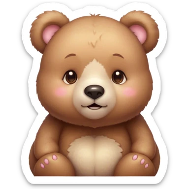 Cinematic cute soft bear, chubby round face, tiny ears, warm fuzzy fur, blushing cheeks, sparkling kind eyes, soft glowing background, heartwarming and huggable. sticker