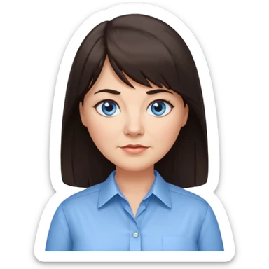 50 yr old woman, blue eyes, long straight dark brown hair, business shirt, chubby, bangs, long hair sticker