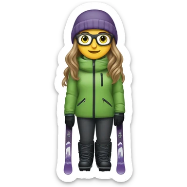 Green eyed chubby female skier with long straight hair, glasses, grey purple snow jacket, long black pants, black only snow boots and black skis looking cool. sticker