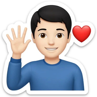 White boy with black hair holding up heart hand signal sticker