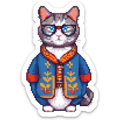 A cat in traditional Russian attire with glasses, retro and blocky. sticker