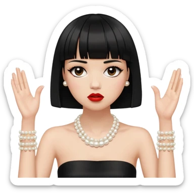 Face and Hair: The figure has a short, black blunt bob haircut with straight bangs. She has long eyelashes and red lipstick Jewelry and Accessories: The figure wears a pearl necklace and a bracelet, both depicted with small, evenly spaced circles. The right wrist has a bracelet, and the left hand is bare. Hands and Pose: Two disembodied hands are raised near the face. she wears a black strapless top. her fingers are splayed, creating a gesture that suggests frustration, stress, or theatrical exasperation. The posture feels very performative, almost frozen in mid-drama. sticker
