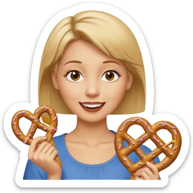 Short, Straight, Dirty blond hair, fair skin, woman winking holding pretzels sticker