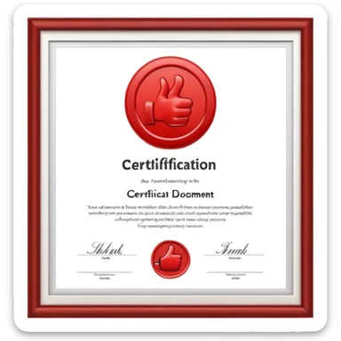 A simple emoji of a certificate document with a seal and a thumbs-up symbol, representing qualification or certification sticker