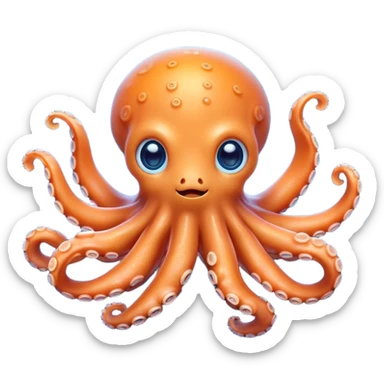 Cinematic Cute Octopus Portrait Emoji, Head tilted playfully and inquisitively, featuring a rounded, light orange body embellished with playful blue rings, eight adorably curling arms, and big, twinkling eyes full of wonder, Simplified yet irresistibly adorable features, highly detailed, glowing with a warm, inviting underwater glow, high shine, affectionate and lively, stylized with a touch of whimsical cartoon charm, soft glowing outline, capturing the essence of a mischievous yet loving octopus that seems as if it could bob out of the screen into your arms! sticker