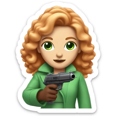 Women with long reddish blonde hair, green eyes, and a fluffy pink coat pointing a laser gun  sticker