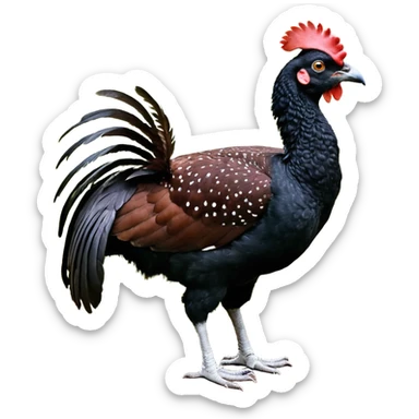 A full-body image of a large, dark-colored bird resembling a curassow or guam, standing on a white background. The bird's body is predominantly a rich reddish-brown or chestnut color, with a pattern of fine white speckling or barring sticker