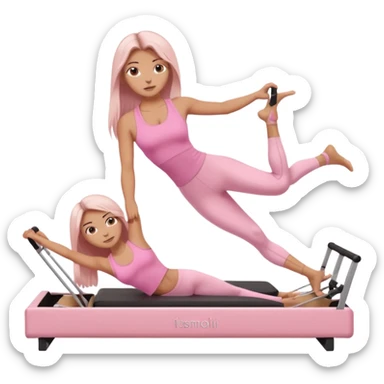 a girl doing reformer pilates, she is wearing a pastel pink fit and she has dark straight and loose hair.  sticker