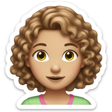 a girl with brown long hair, fair skin, green eyes, curly hair, pink blouse and pink hairpin sticker