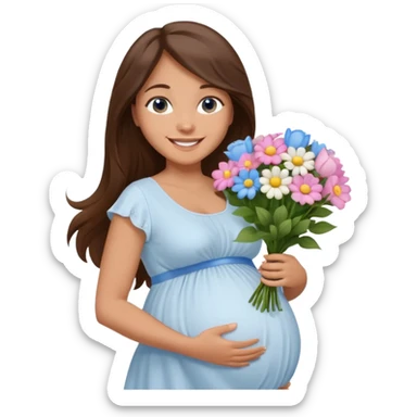 Create a cute emoji-style illustration of a young brunette woman with long brown hair, blue eyes, and a happy smile. She is pregnant, shown with a visible baby bump, wearing a simple white dress and holding a small bouquet of flowers. She looks excited and joyful, as if she's about to marry soon. sticker