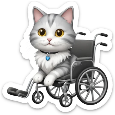 disabled grey and white cat using cat wheelchair sticker