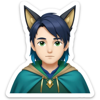 anime man with straight long dark-blue-black-gradient hair, long black fox ears, hazel-gradient-brown-turquoise eyes, gold earring, dark-blue-sweater, green cape,  sticker