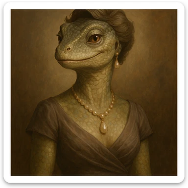 stylish anthropomorphic lizard mother, mature and attractive, wearing jewelry and fashionable dress, gentle smile, expressive eyes, soft lighting sticker