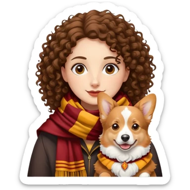 Curly-haired brunette with a corgi wearing a Gryffindor scarf  sticker