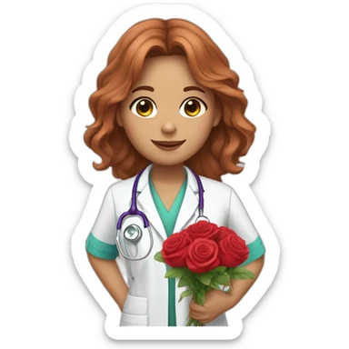 White doctor girl, chestnut hair, with a bouquet of roses sticker