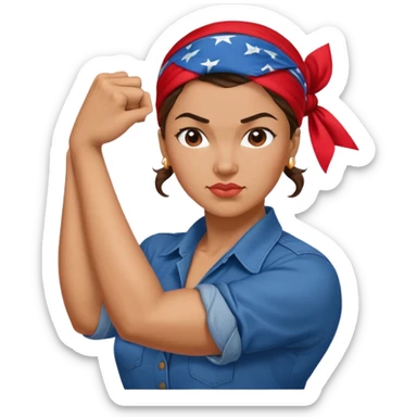 Rosie the Riveter traditional pose showing strength, blue work shirt, red bandana sticker