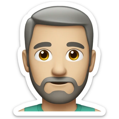 white man with very short beard and very short hair. the hair is a little bit grey (with a little black). greyish green shirt. he has blue eyes. sticker