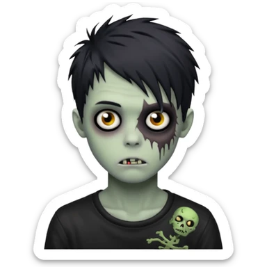 Zombie Boy with black emo messy hair and teenager aparience, black background sticker
