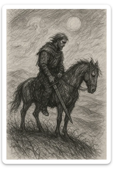 black and white pencil sketch of a warrior's final ride, lone rider on restless horse atop windswept hill under heavy sunless sky, contemplative rider with sword at side preparing for last battle, somber landscape with gusting wind, distant hills, ancestral spirits in the air, subtle grass and vines, passage of time, evoking themes of legacy, peace, and returning to the earth, no text sticker