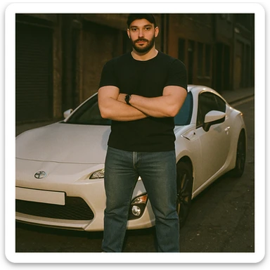 Grunge-style analog photo, London 2025, person inspired by the new reference image standing next to a Nissan GT 86, model pose, black t-shirt, jeans, Nike Air Jordan low, using flash, street background, analog grain, 4/8. sticker