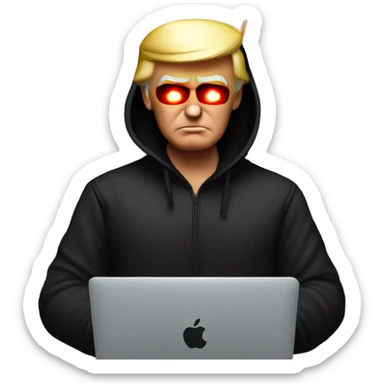 Donald Trump in a black hoodie with bright red glowing laser eyes typing on a MacBook, Donald Trump, black hoodie, bright red glowing eyes, typing on MacBook. sticker