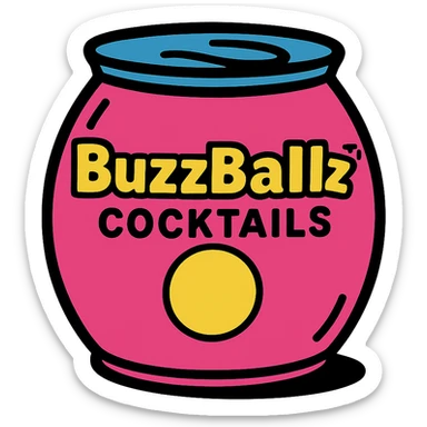 a large pink BuzzBallz cocktail can, playful and bold, with a fun vibe sticker