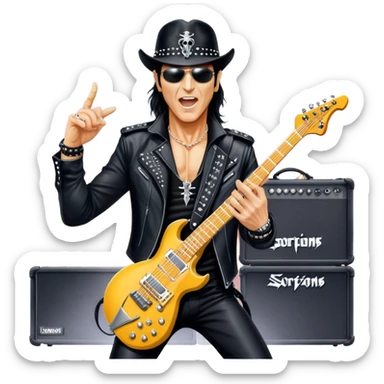 Icon for Rock Music: Klaus Meine performing with Scorpions on stage, with electric guitars and powerful stage presence. The vibe should capture the energetic and iconic sound of Scorpions, with vibrant lighting and a stadium atmosphere. Transparent background. sticker