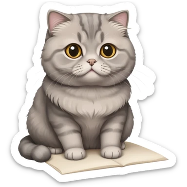a gray Scottish fold cat sitting on a piece of paper sticker