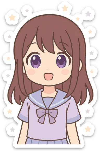brunette anime girl with purple eyes, kawaii style, big eyes, soft shading, no background sticker