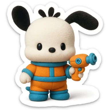 Make Pochacco hold a cute toy gun, keep him white with black ears, orange and blue space suit, plushy Popmart doll style, playful and adorable, no background sticker