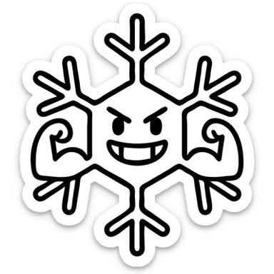a mighty strong snowflake, thick lines, energetic, confident expression, thick black outlines sticker