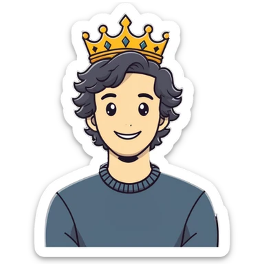 Guy with wavy hair and hands on neck smiling with a crown  sticker