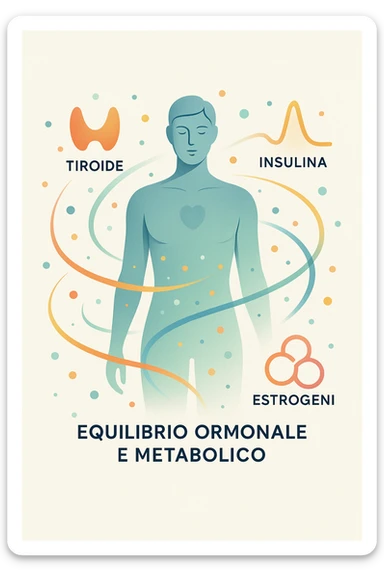 Il corpo è circondato da simboli delicati e bilanciati che rappresentano equilibrio ormonale e metabolico: piccoli cerchi, flussi energetici colorati, simboli stilizzati di tiroide, picco insulina, estrogeni. 4k immagine in italiano sticker