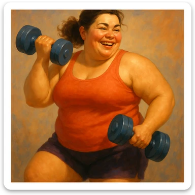 Make the dumbbells much larger while preserving the digital painting style and the smiling expression, keeping the artistic and friendly look. sticker