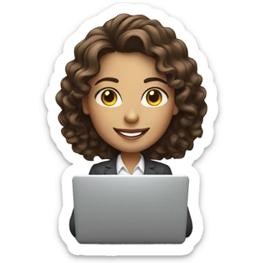 Business woman typing on a laptop with long curly brown hair and white skin smiling sticker