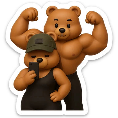 Create two muscle bears in a 3D style with an affectionate and cute vibe. One bear in front has a female shape, and the other behind has a male shape doing a double biceps pose. The style and 3D look should be inspired by the apple bear emoji style shown in the references, with no background. The pose should be inspired by the previous pose reference images provided. sticker