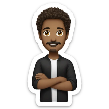 white young guy with brown eyes and wavy/curly hair in black leaning to brown color. with goatee and a mustache sticker