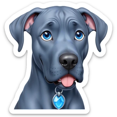 Cinematic Comical Blue Great Dane Portrait Emoji, Head tilted dramatically with an exaggeratedly amused expression, featuring a striking blue Fur with a glossy finish, wide, expressive steel-blue eyes filled with playful disbelief, Simplified yet hilariously expressive features, highly detailed, glowing with a slightly sassy glow, high shine, dramatic yet playful, stylized with an air of cheeky charm, bright and endearing, soft glowing outline, capturing the essence of a spirited and over-the-top guardian, so meme-worthy it feels like it could side-eye its way into internet fame instantly! sticker