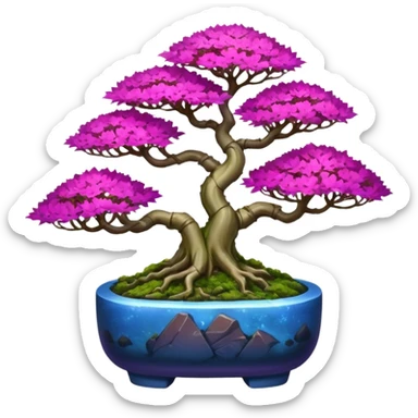 Futuristic wild glowing et alien moss maples Bonsai hair-fine-leaf group crimson crystal azalea purple and cream pink blue informal rocky cliffhanger forest planting in shallow slab style pot  sticker