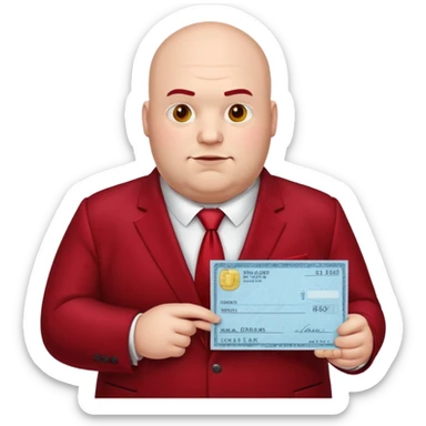 big fat guy bold head in dark red velvet suit holding cheque sticker