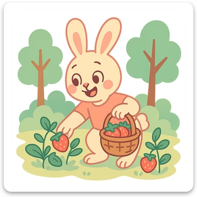 bunny picking strawberries in the woods, sweet pastel red, pastel toon style sticker