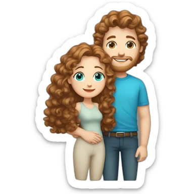 Couple, hugging, white European man with brown curly hair and bright blue eyes. chubby wphite woman with long light brown curly hair and blue-green eyes. sticker