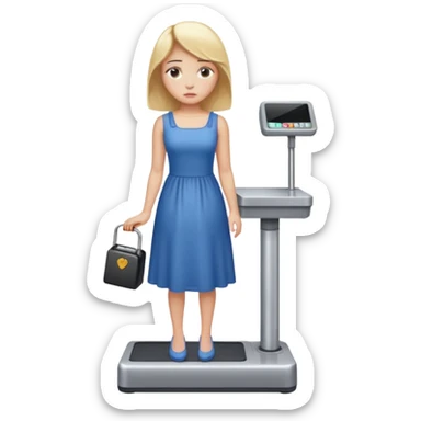 women is standing on weight check machine and she is sad because his weight is not ganaing sticker