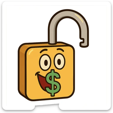 open lock emoji with dollar sign, flat modern style, bright saturated colors golds greens reds, minimal but expressive, universal look sticker