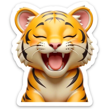 Cinematic Cute Yawning Tiger Portrait Emoji, Head tilted slightly with a dramatic, wide-open yawn, showcasing a lithe, striped body with drowsy, half-closed eyes and an open, relaxed expression, Simplified yet irresistibly adorable features, highly detailed, glowing with a soft, cozy wild glow, high shine, relaxed yet expressive, stylized with a dash of whimsical jungle charm, soft glowing outline, capturing the essence of a drowsy yet affectionate tiger that appears ready to stretch out for a nap! sticker