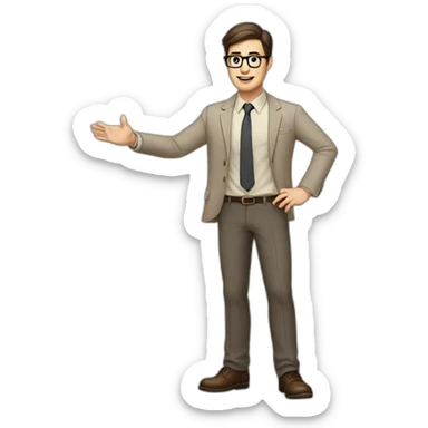 Full height Actively gesturing with hands Pale skinned fit man with dark brown hair in gray jacket, beige office shirt, brown tie, brown pants and vintage glasses. sticker
