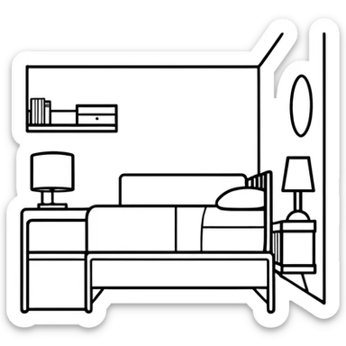 minimalist white teen bedroom with white vanity, white desk, white bed frame, and green plants sticker