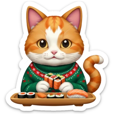 cat wearing a christmas sweater eating sushi sticker